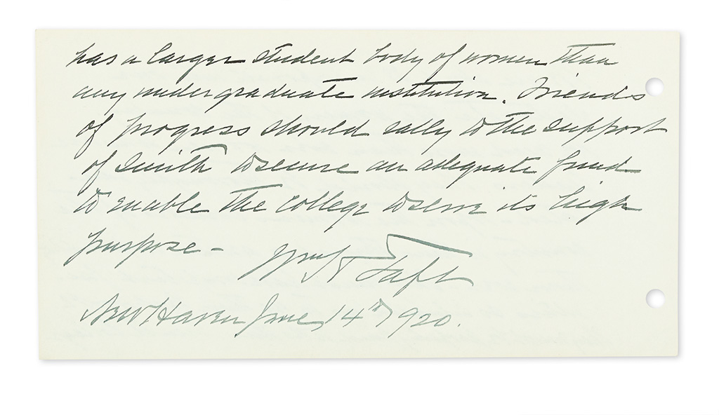 TAFT, WILLIAM HOWARD. Autograph Manuscript Signed, WmHTaft, statement on the importance of educating women and enlisting support for